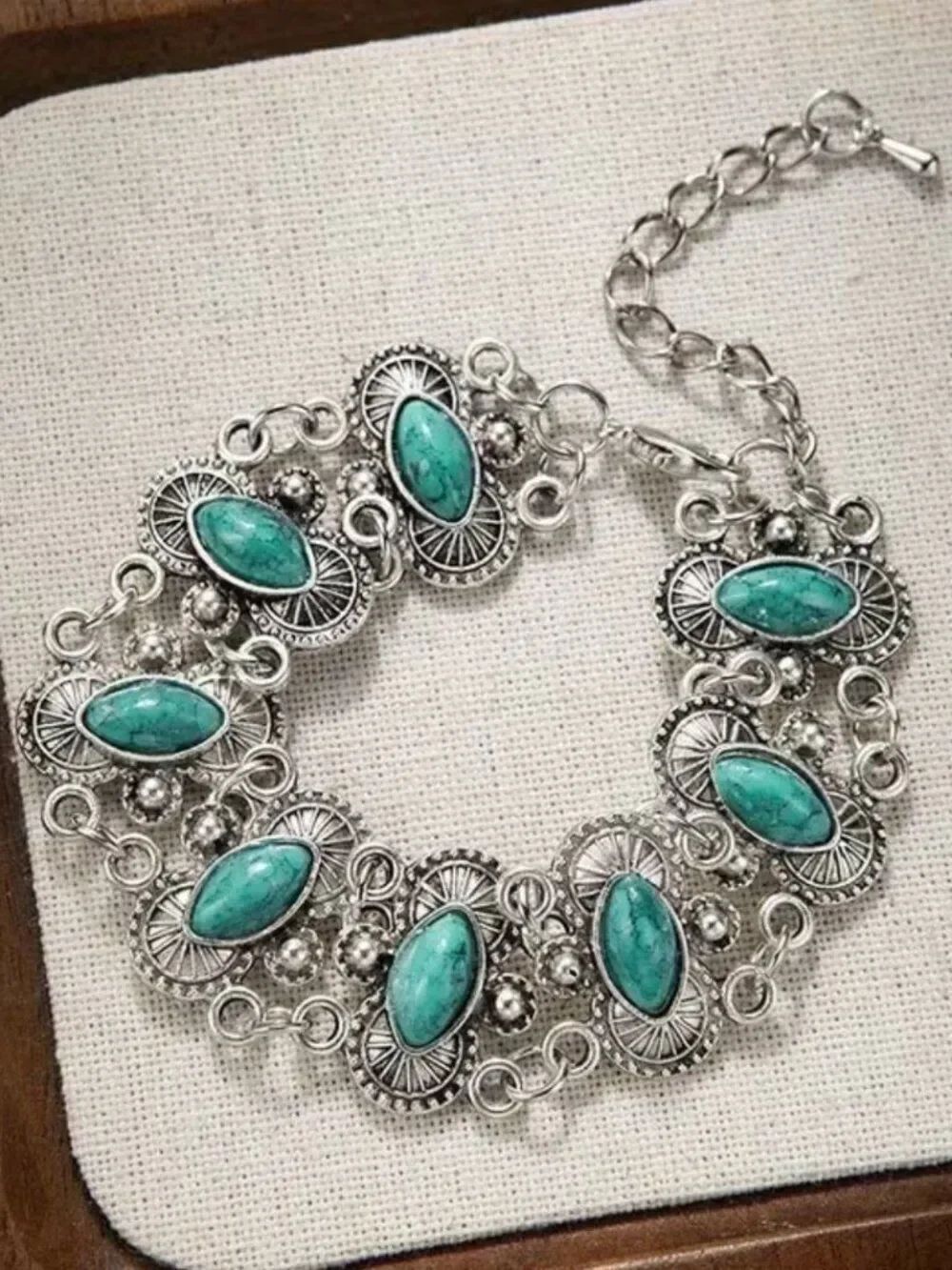 Vintage Bohemian Turquoise Marquise Link Bracelet Southwestern Filigree Jewelry - Picture 2 of 4